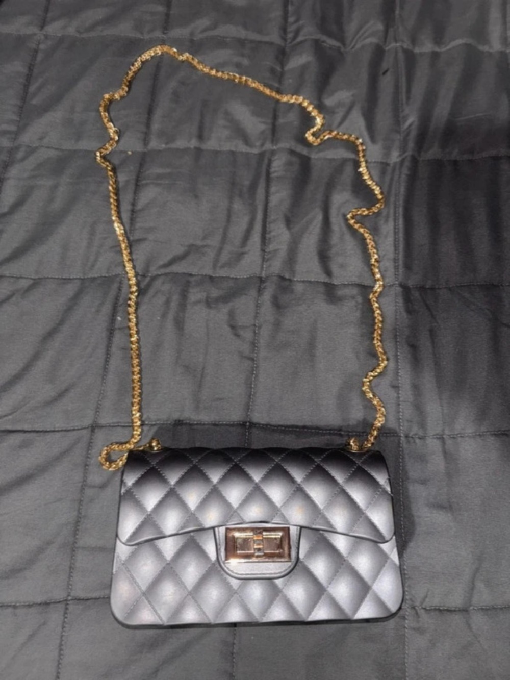 Quilted gray small Chain Shoulder Bag with Gold Hardware